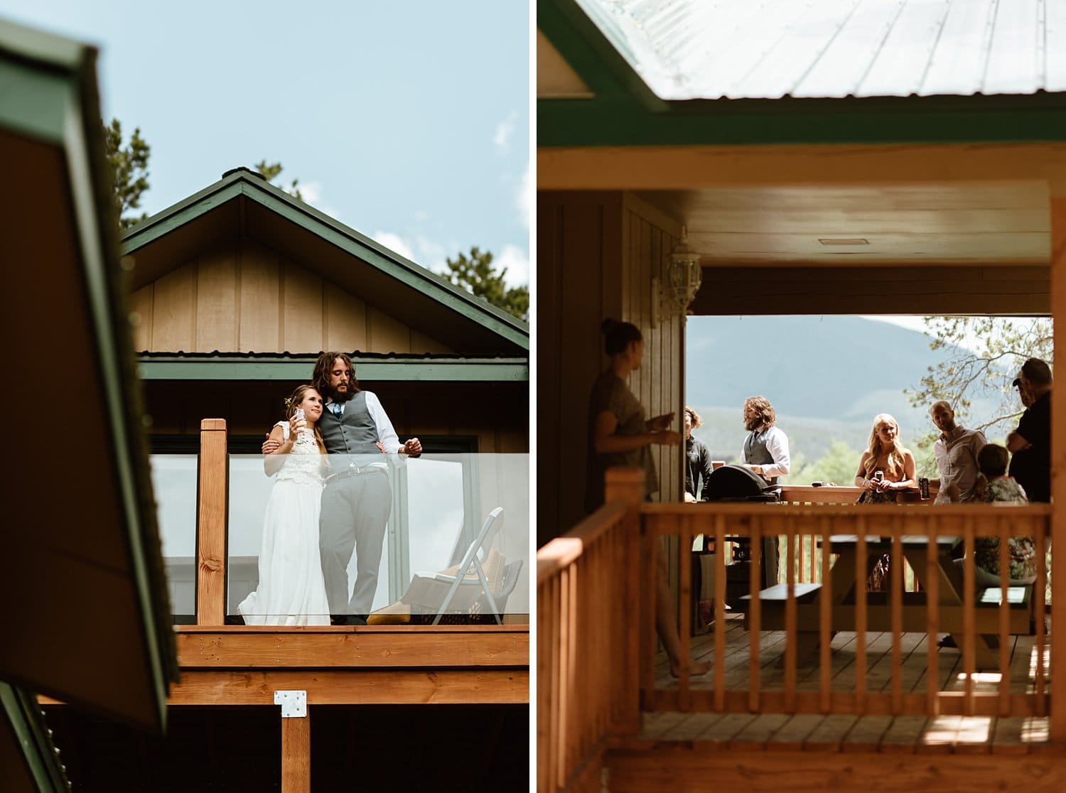 Bride, groom, friends, family have ceremony on deck of cabin in Grand Lake, Colorado. 
