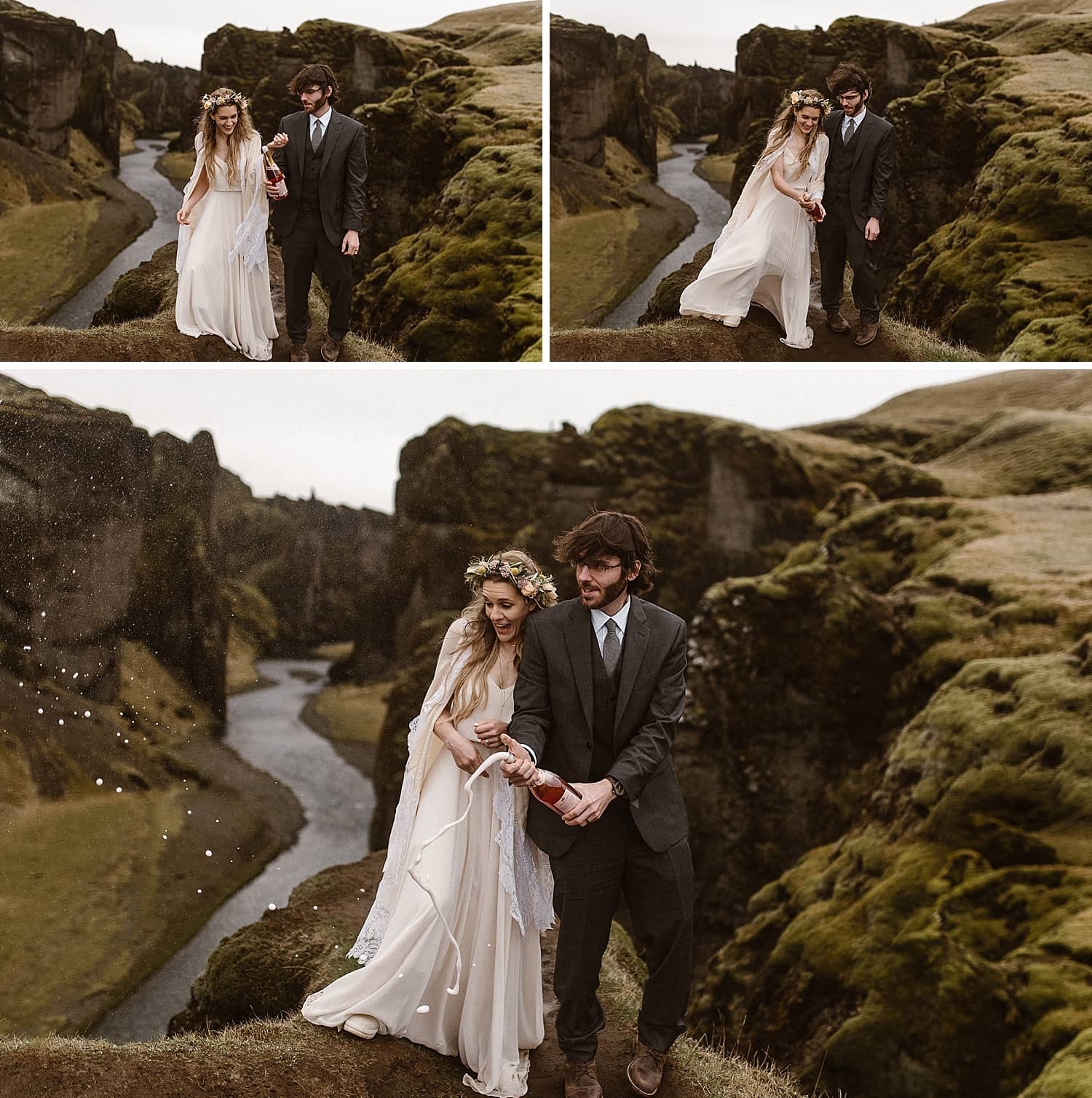 Bride and groom pop champagne on a cliff in Iceland. There is a river behind them. 