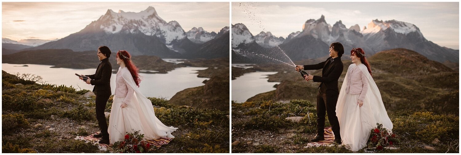 Couple sprays a bottle of champagne on their wedding day in Patagonia.