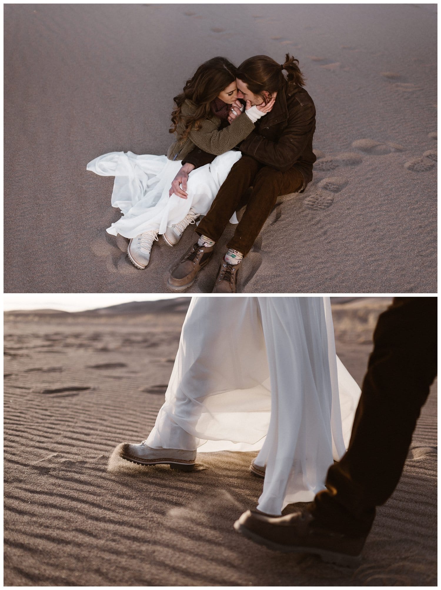 Close up of bride and groom's shoes as they walk on the sand at Great Sand Dunes National Park. 