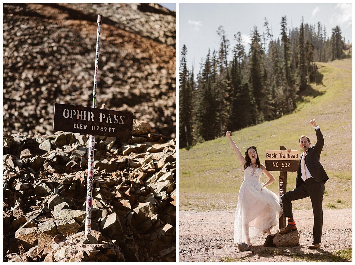 Bride and groom pose in front of trailhead on their elopement day in Colorado. there are trees in the background. 
