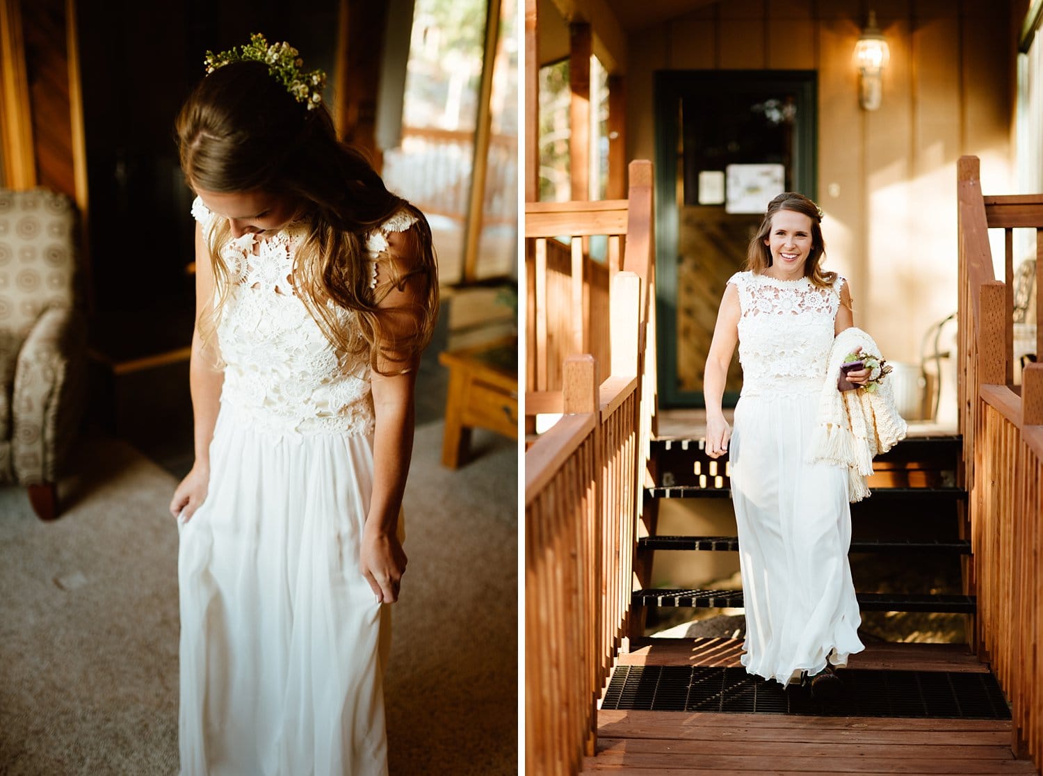 Bride walks down steps of cabin, smiling and carrying a white shawl, on her elopement day in Colorado. 