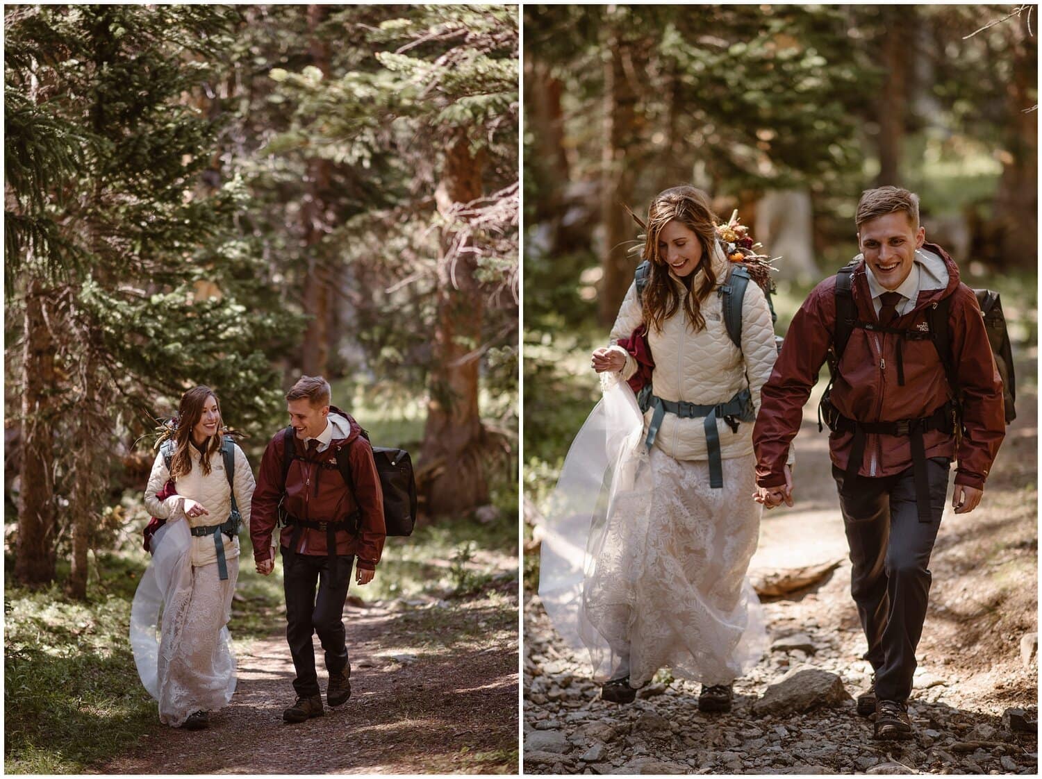 Bride and groom hiking on trail in Buena Vista, Colorado. 