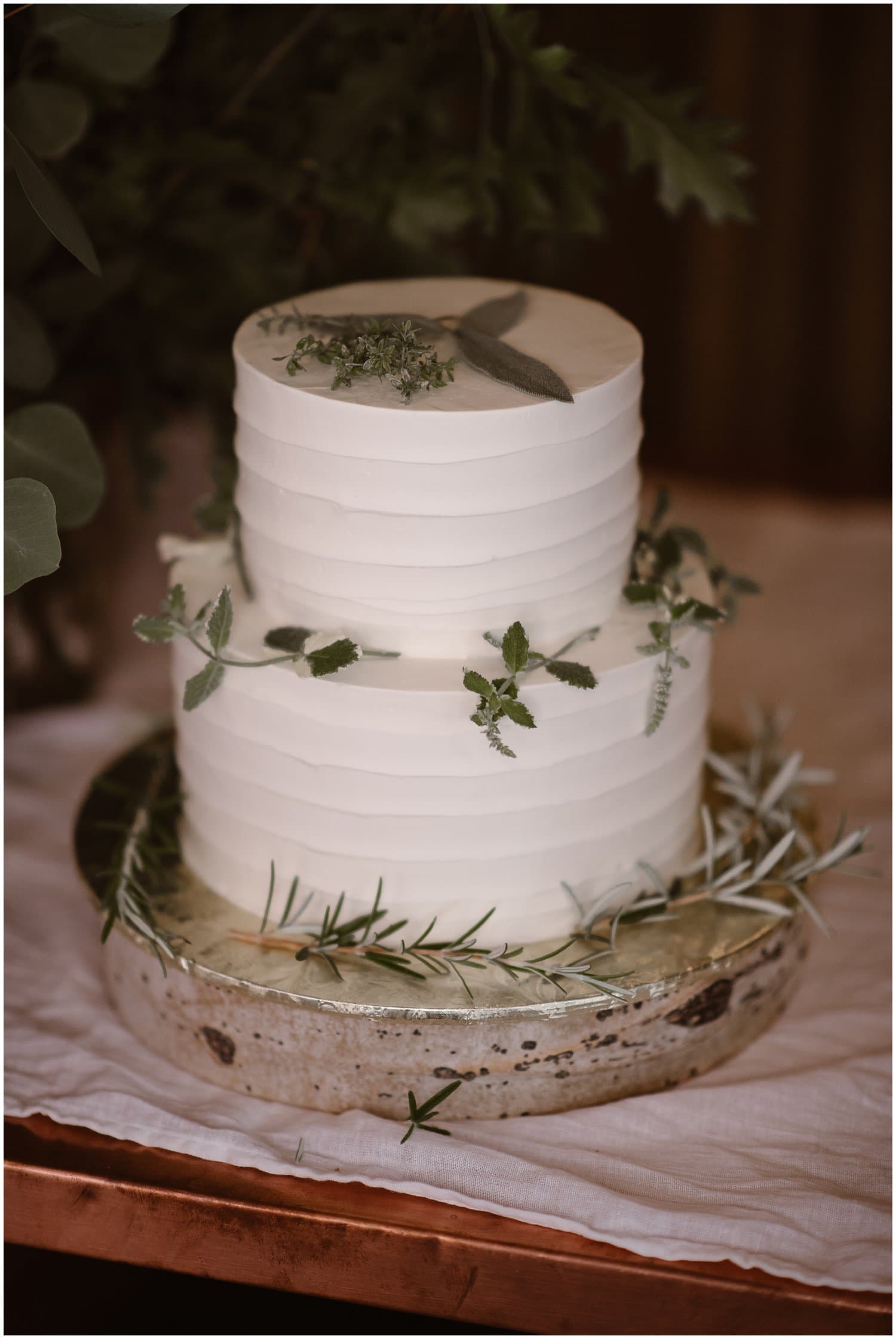 White, two-tiered cake with fresh herbs. 