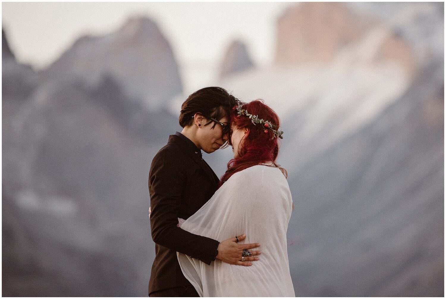 Couple embraces on their wedding day in Patagonia.