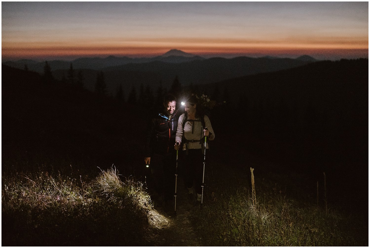Bride and groom during a sunset hike in Washington. The bride is wearing a headlamp. 