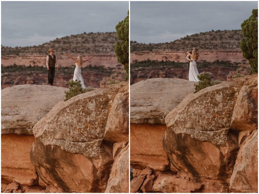 Bride and groom have first look at Colorado National Monument.