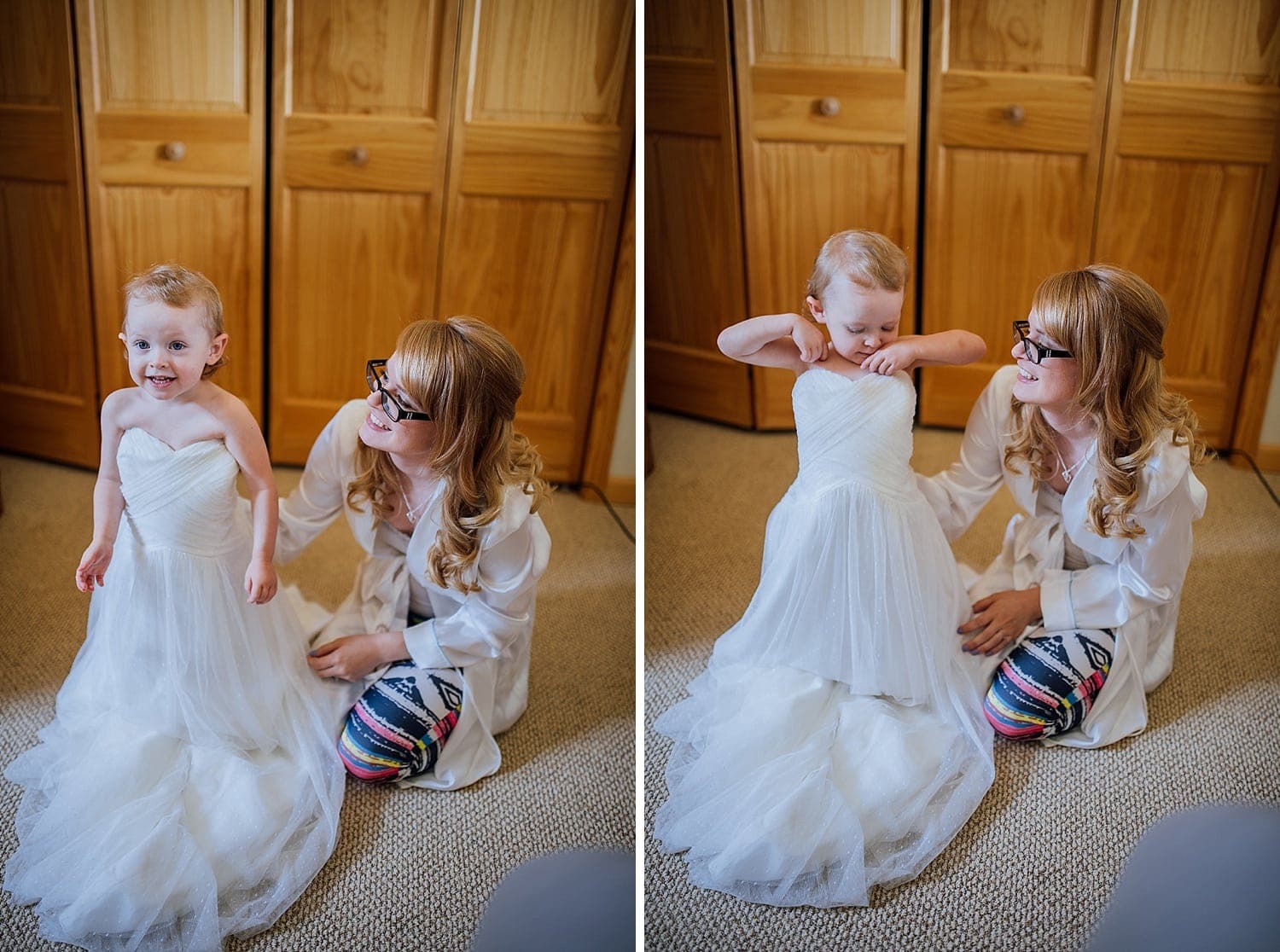 Child tried on bride's white wedding dress. 