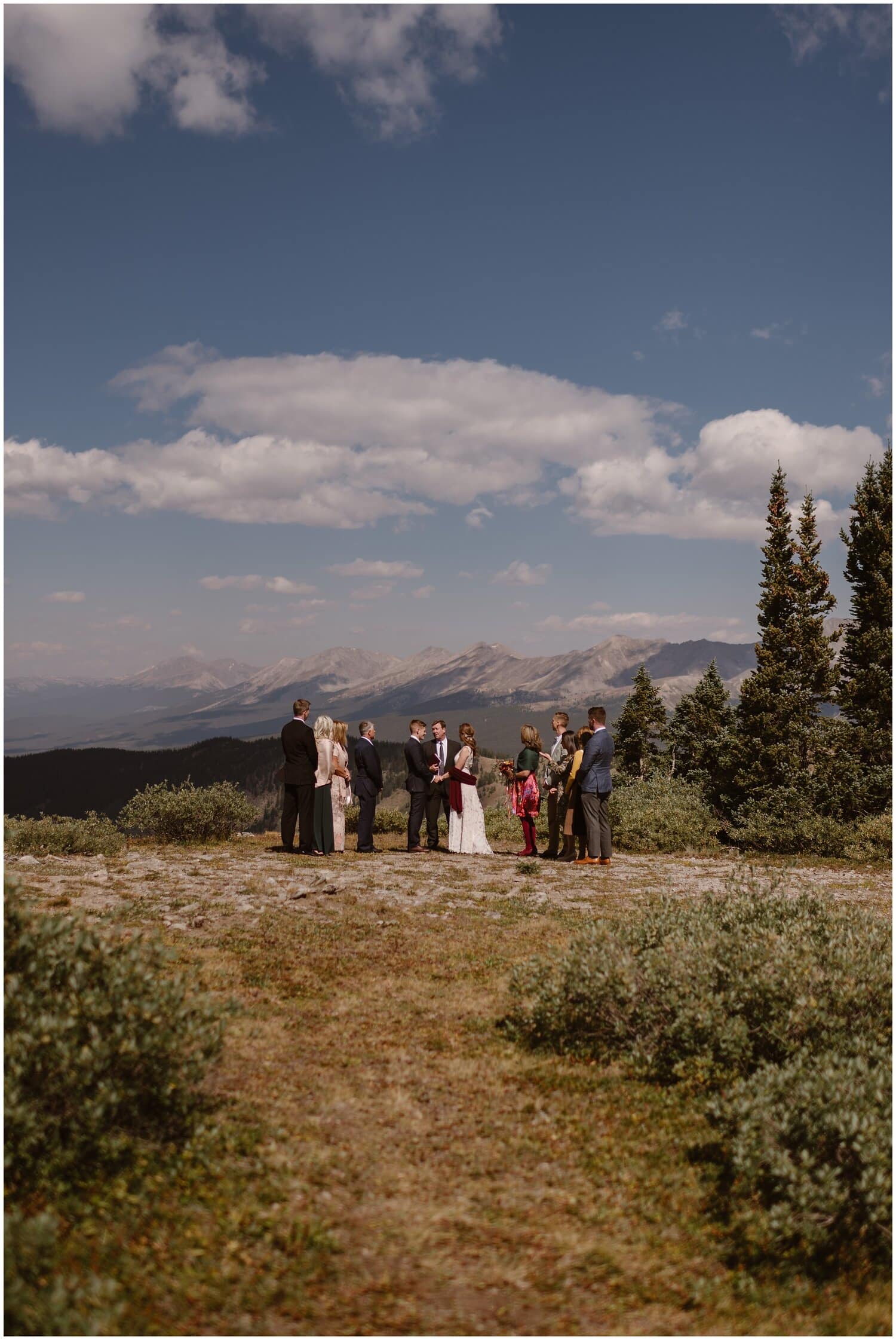 Bride and groom's families surround them during an intimate ceremony, with mountains in background, in Buena Vista Colorado. 