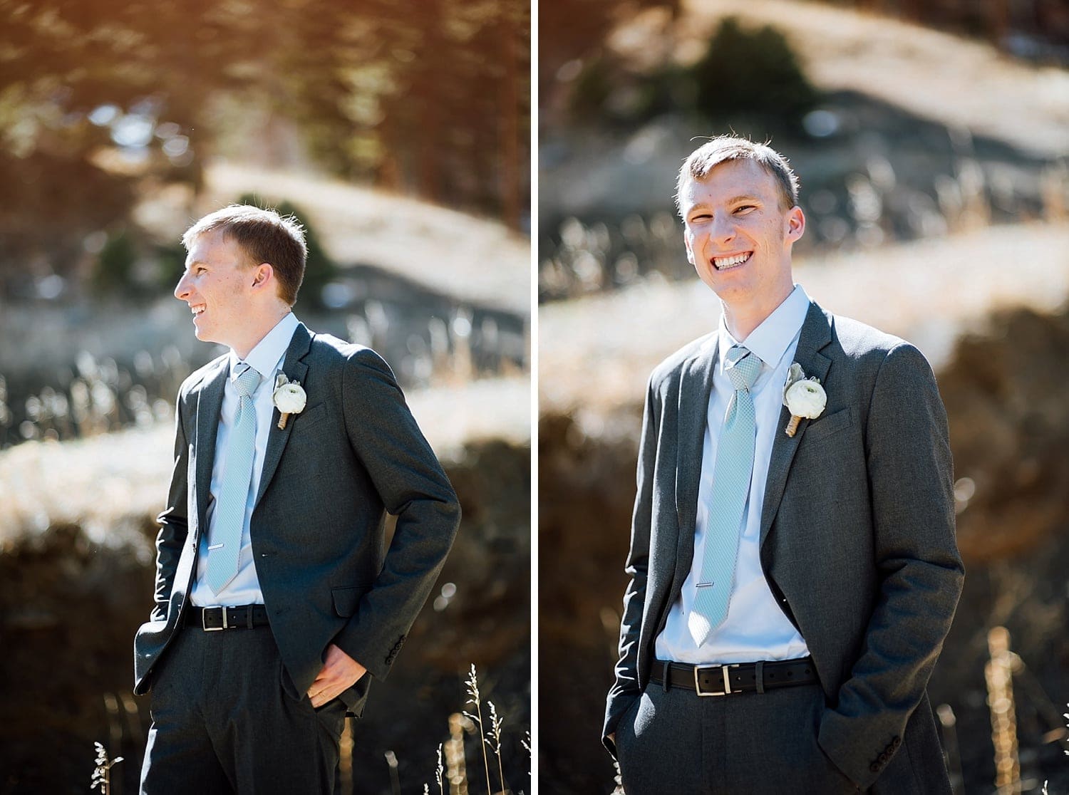 Groom standing in a meadow on his elopement day in Estes Park, Colorado. Groom is wearing a dark drey suit and a light blue tie. 