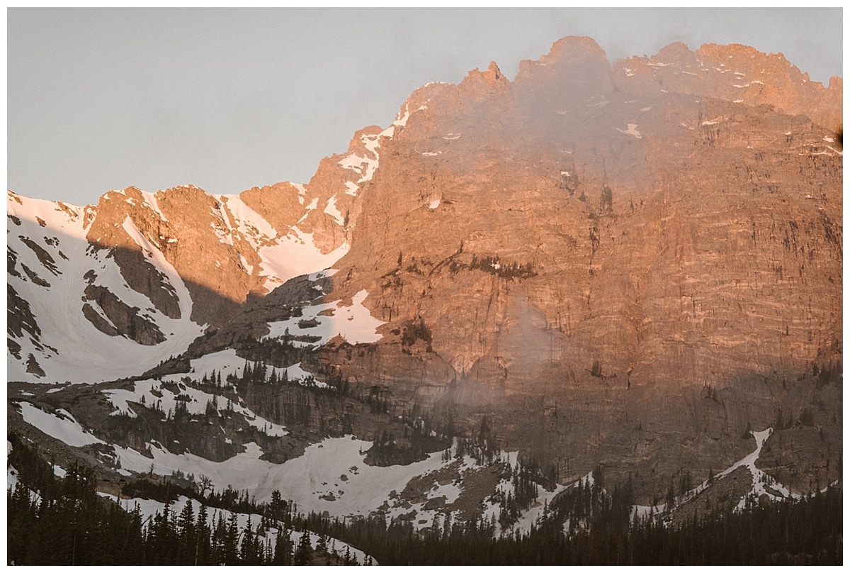 Landscape of mountains with alpenglow in Rocky Mountain National Park. 