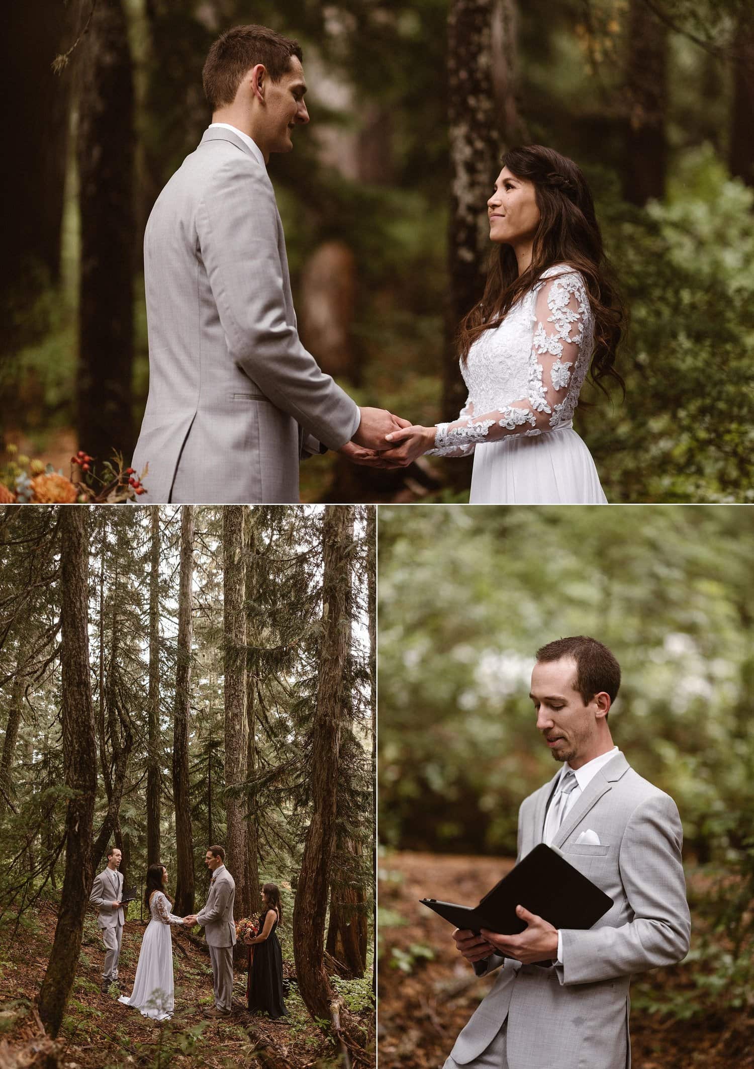 Bride and groom hold hands during their intimate elopement ceremony at Mt. Rainier National Park. 