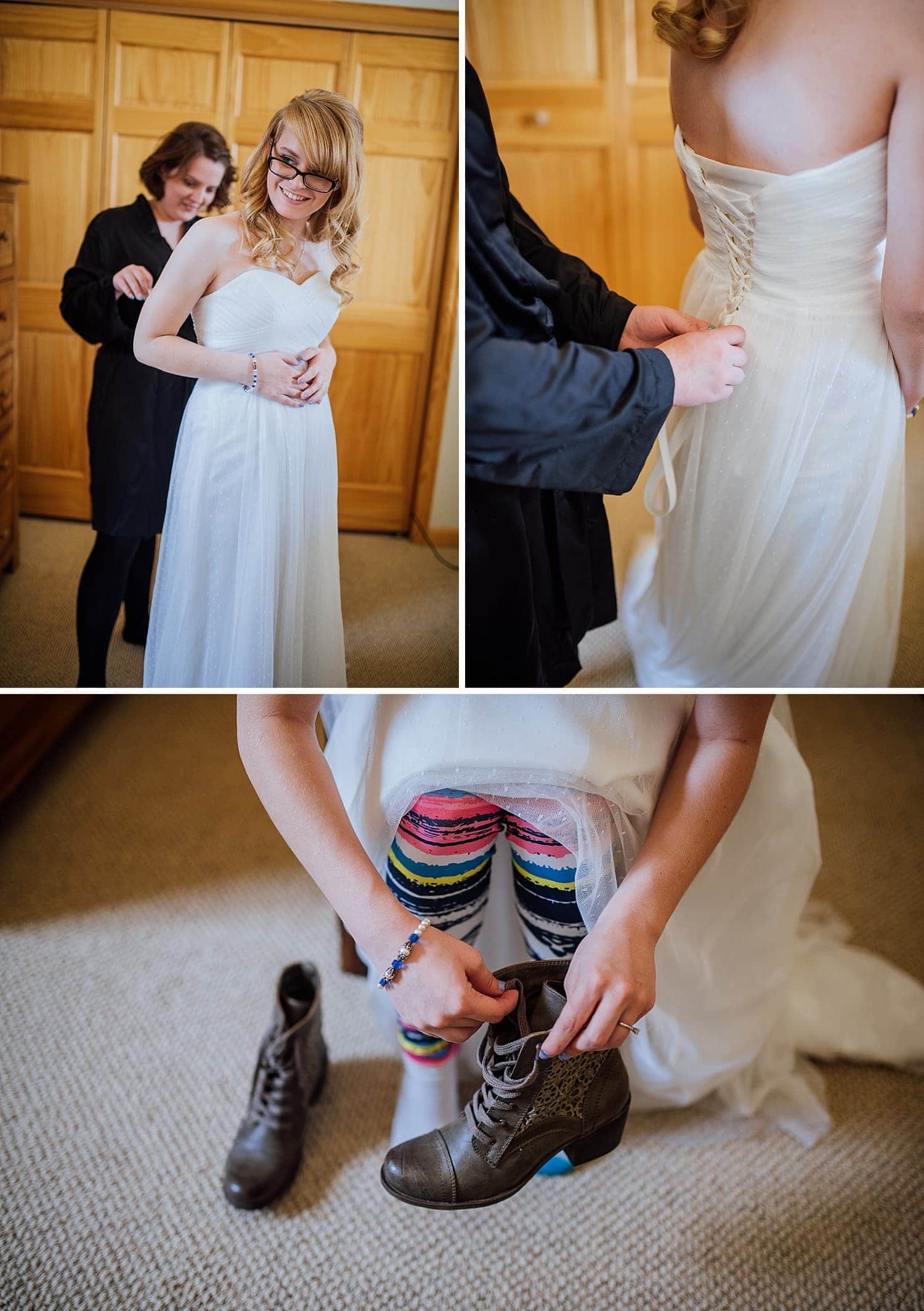 Friend helps bride synch her dress while getting ready at the Stanley Hotel in Estes Park, Colorado.  