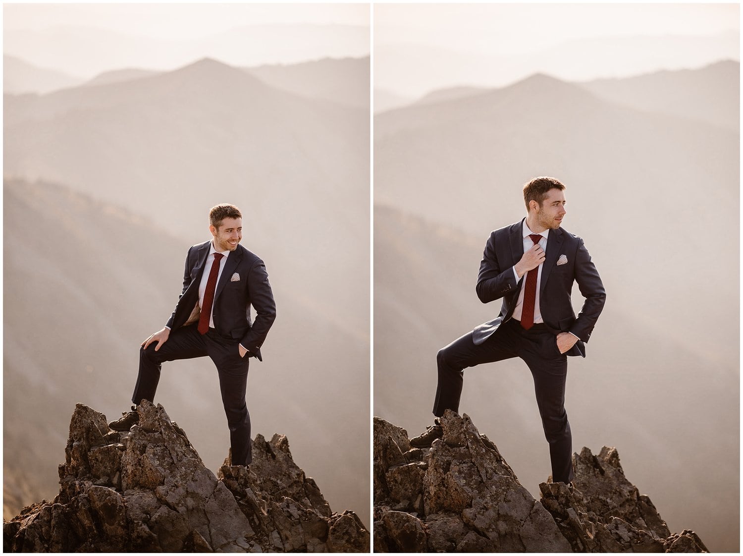 Groom is standing on rocky cliff and smiling, during sunrise in Washington. 