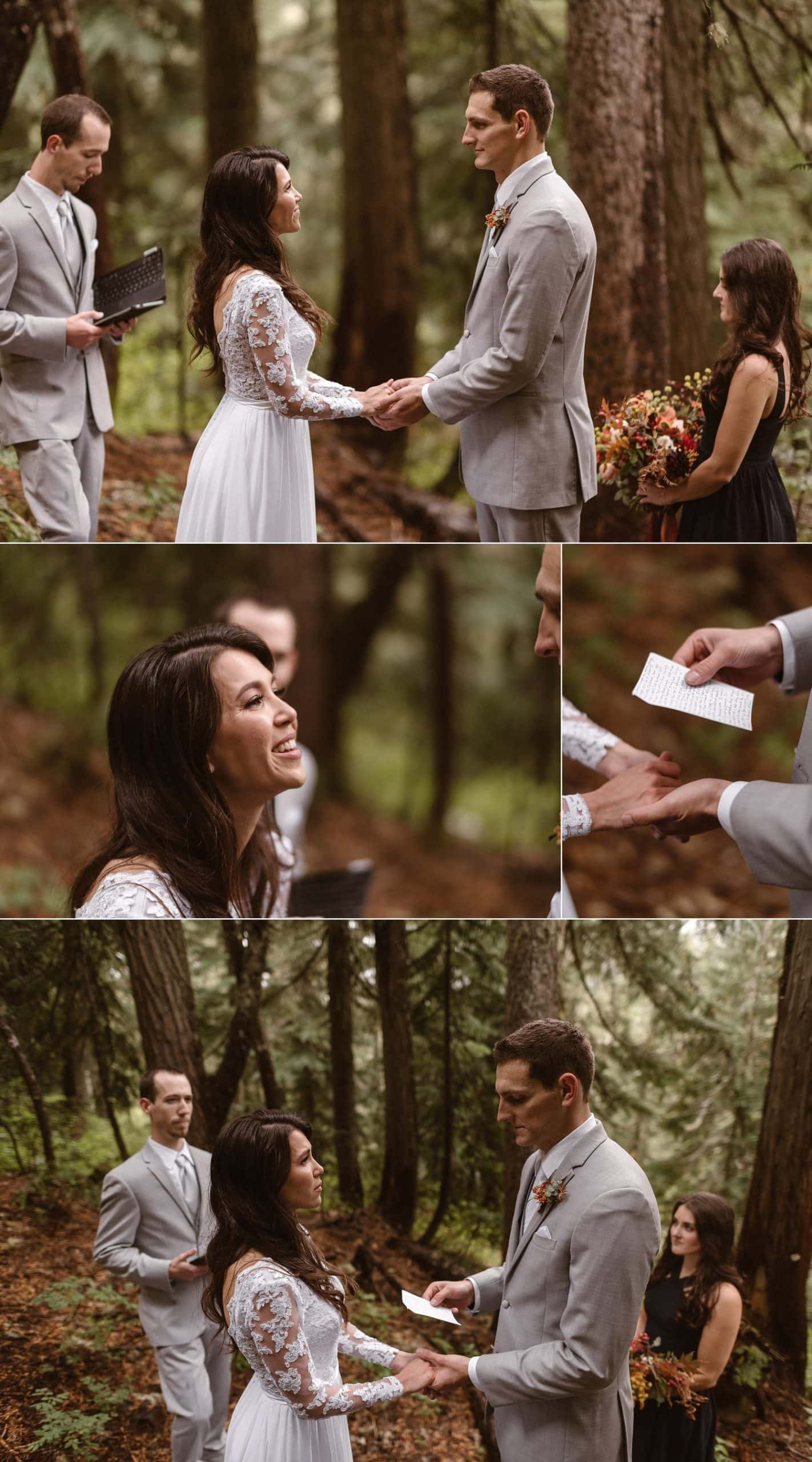 Bride and groom hold hands and read their vows during intimate elopement ceremony in a forest at Mt. Rainier National Park. 