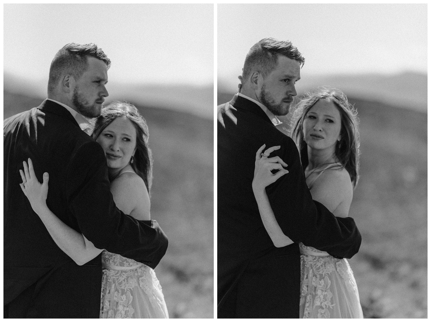 Bride and groom embrace in the Scottish Highlands. 