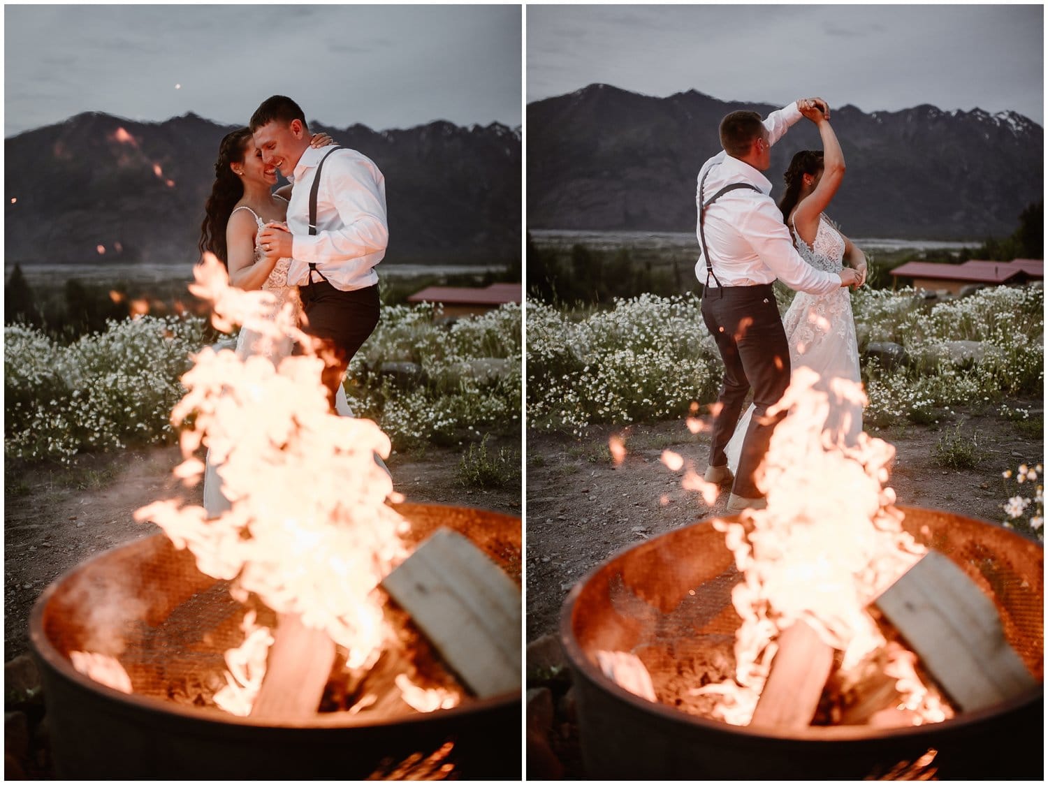 Bride and groom dance in front of a bonfire during blue hour in Alaska. 