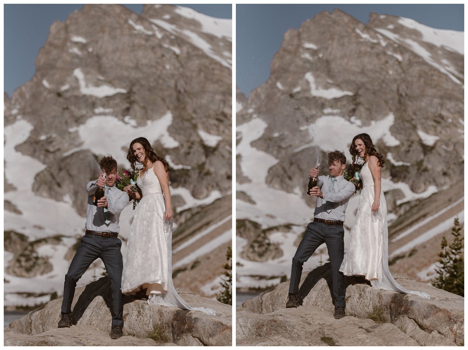Bride and groom stand on a rock, in front of an alpine lake, and pop champagne at the Indian Peaks in Colorado. There are snow-capped mountains in the background. 