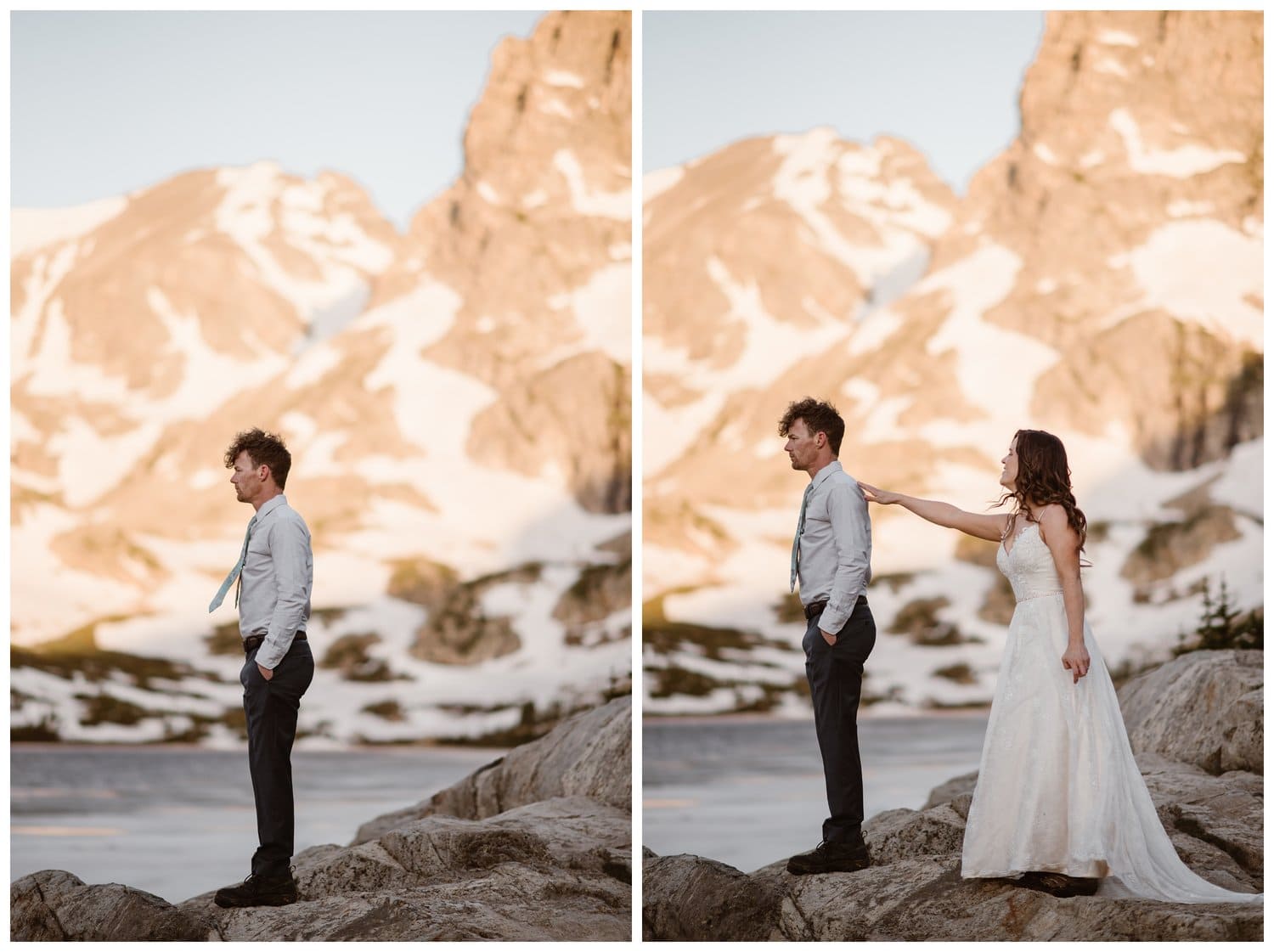 Bride taps groom on the shoulder during a first look on their elopement day at the Indian Peaks in Colorado. There is an alpine lake and snow-capped mountains with alpenglow in the background.