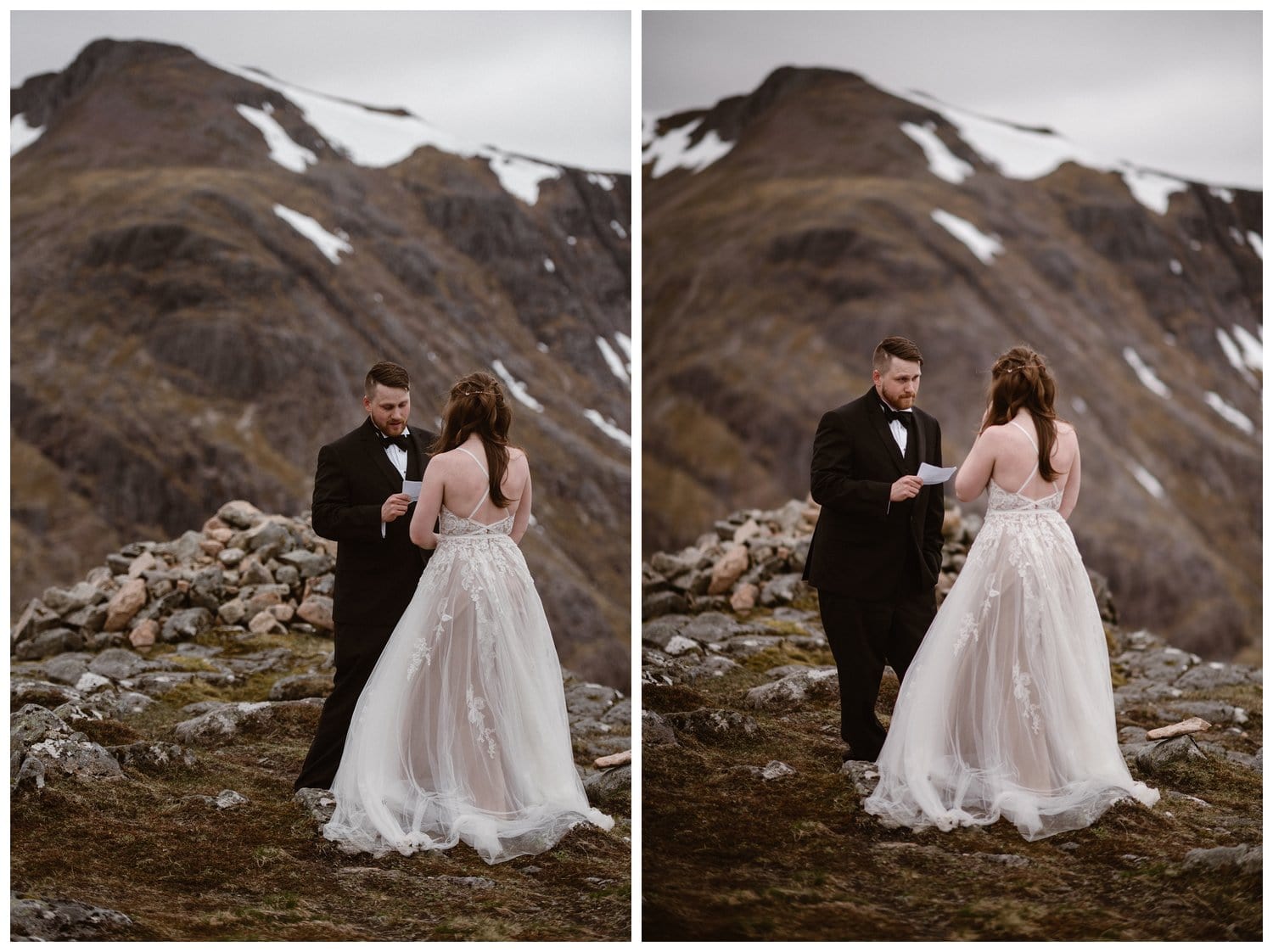 Bride and groom read their vows in front of Glencoe Mountain in the Scottish Highlands.