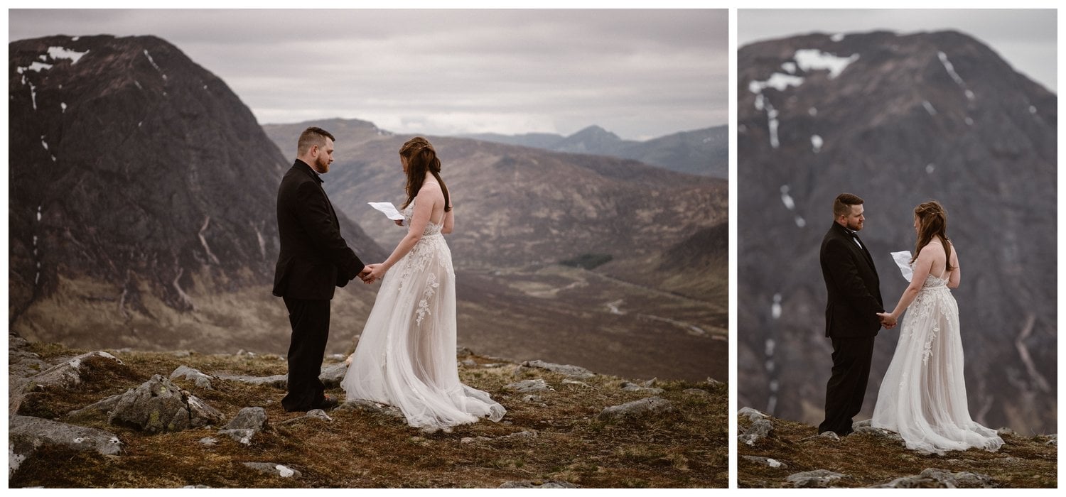 Bride and groom read their vows in front of Glencoe Mountain during an intimate elopement ceremony in the Scottish Highlands 