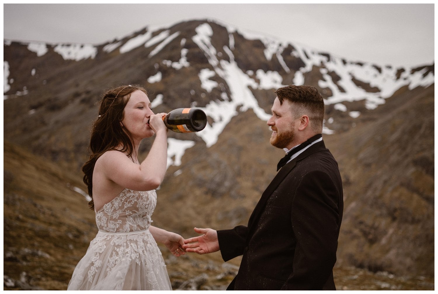 Bride and groom drink champagne on their elopement day in the Scottish Highlands.