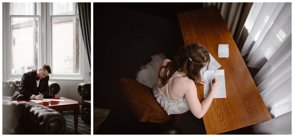 Bride and groom write their vows separately in hotel on their elopement day.
