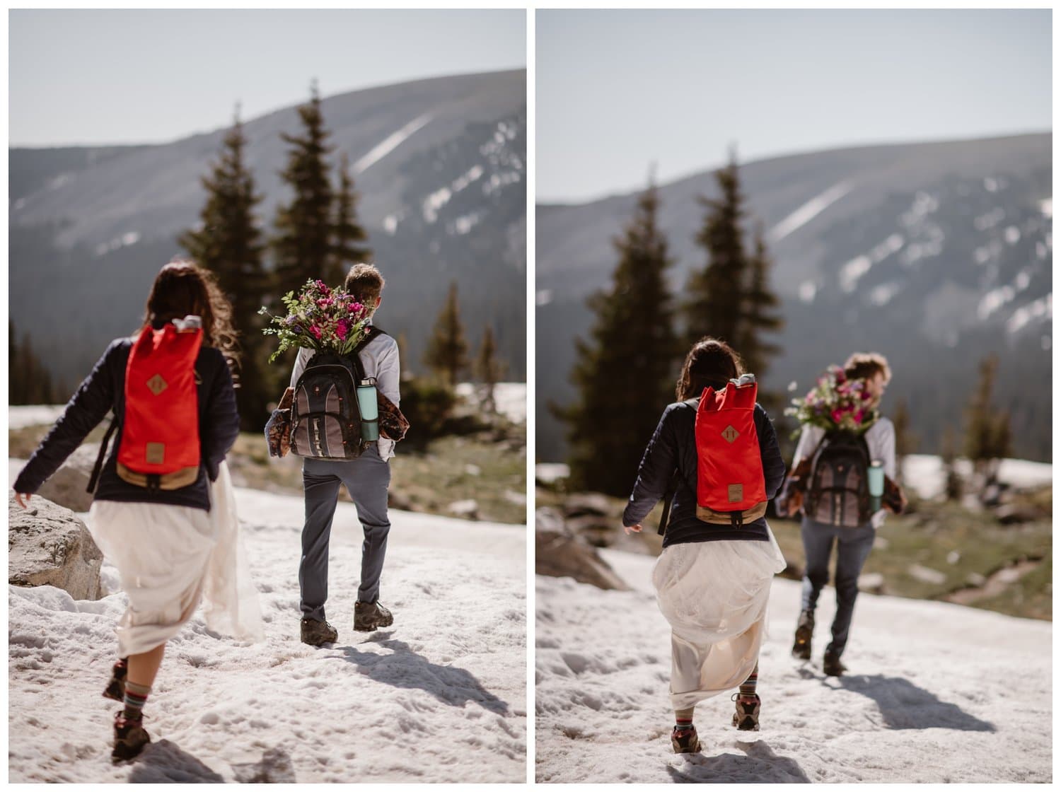 Bride and groom hiking through snow at the Indian Peaks in Colorado. 