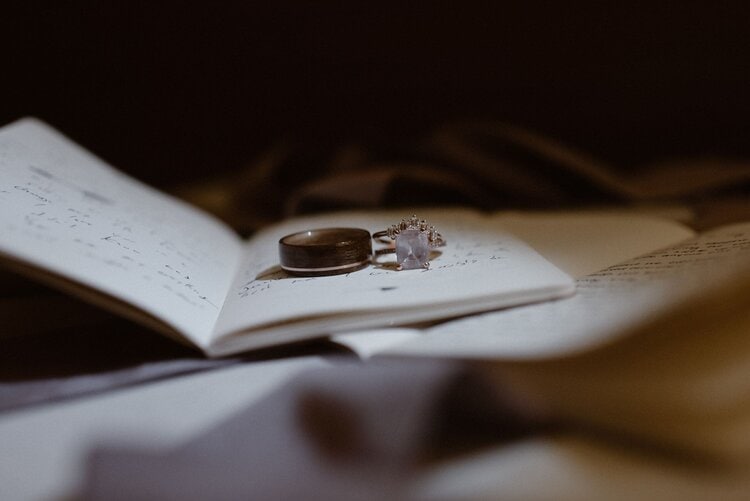 Flat lay of vow books, rings, and accessories.