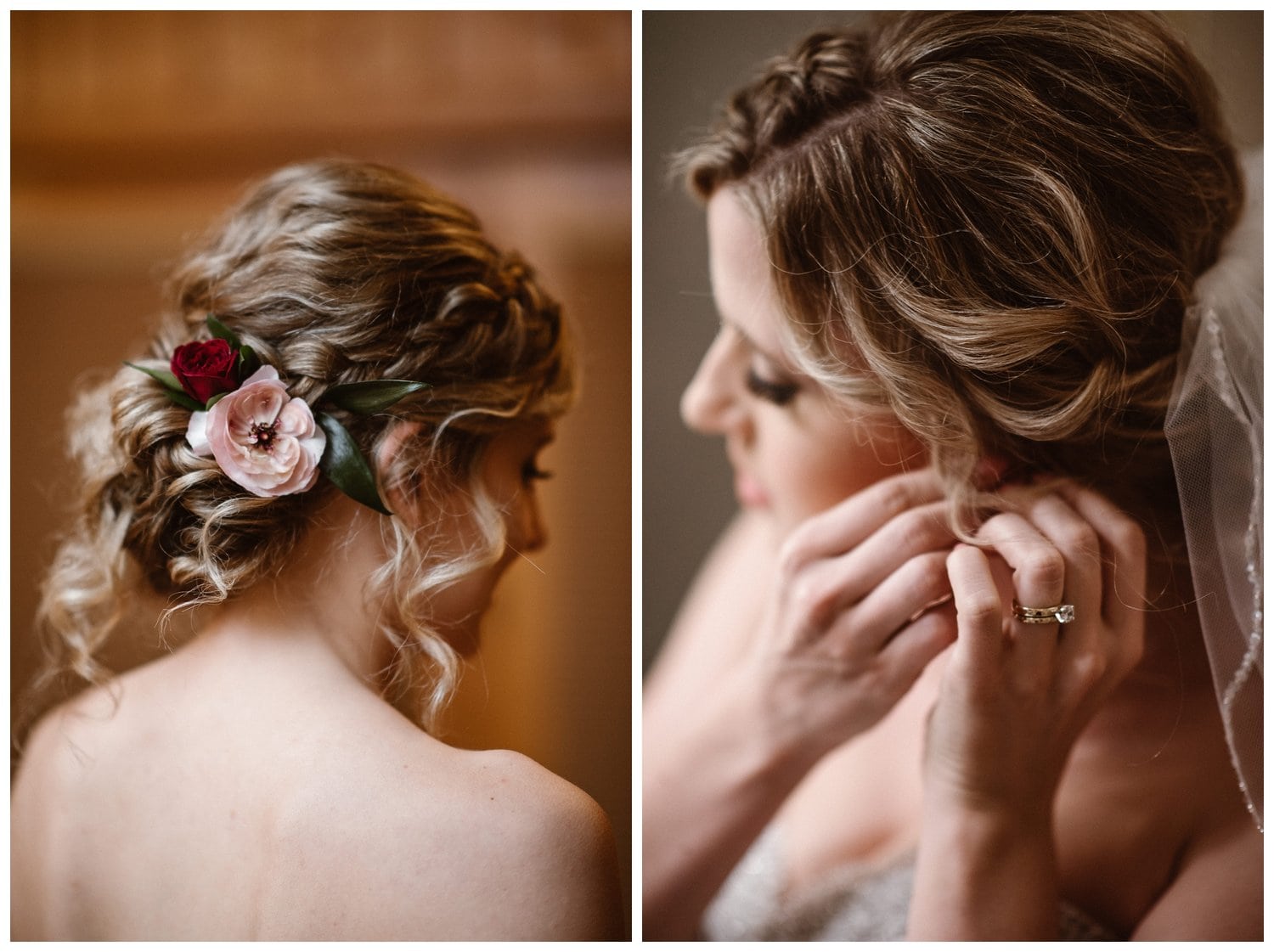Bride with her hair braided and curled, in an updo with pink and red flowers.