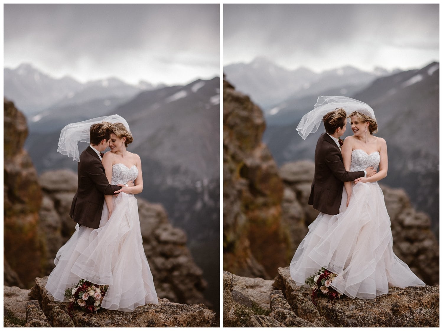 Two brides embrace at Trail Ridge Road in Rocky Mountain National Park, Colorado. 