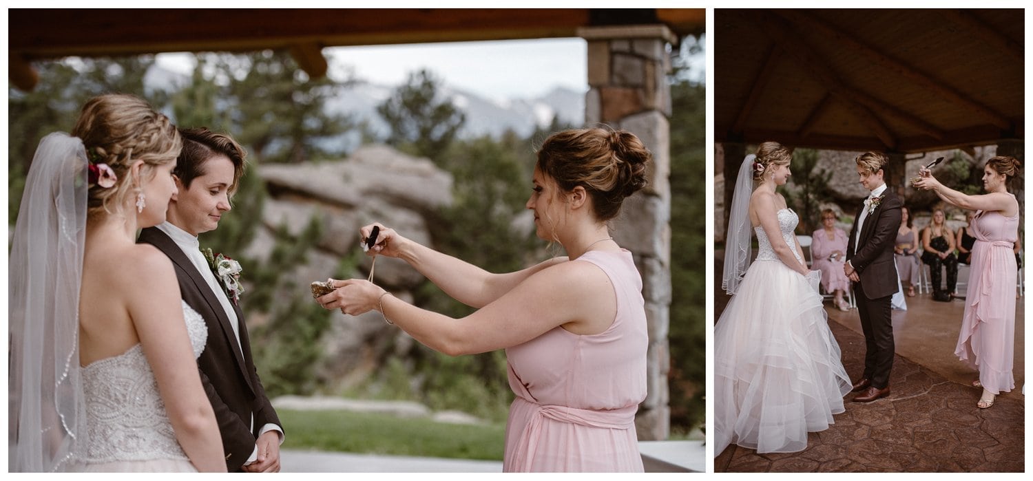 Bride's sister burns sage during reiki inspired ceremony at the Stanley Hotel in Estes Park, Colorado. 