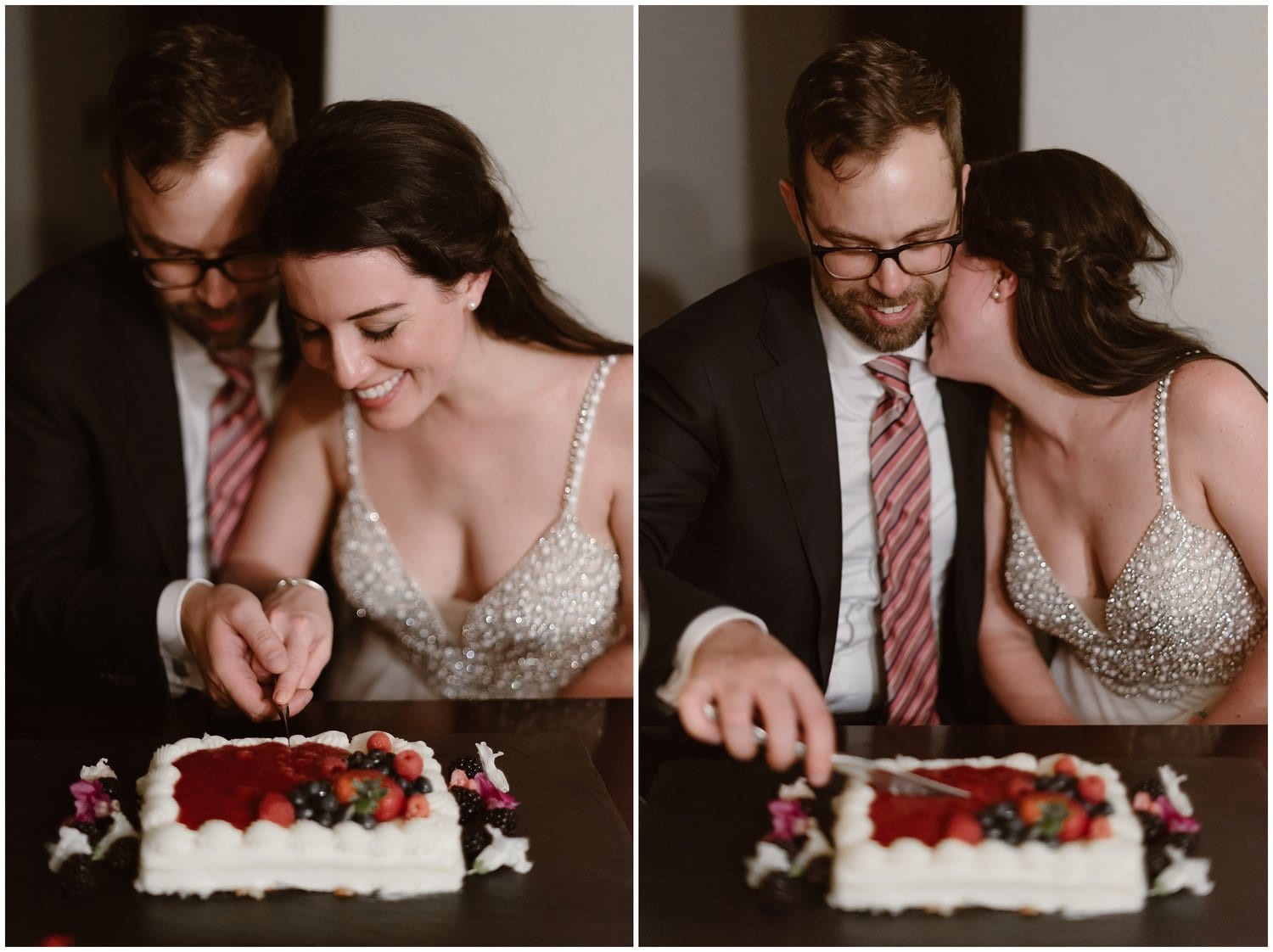 Bride and groom cut their cake together. 