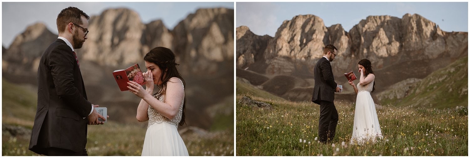 Bride and groom read their vows, surrounded by a field of wildflowers in the San Juan Mountains. 