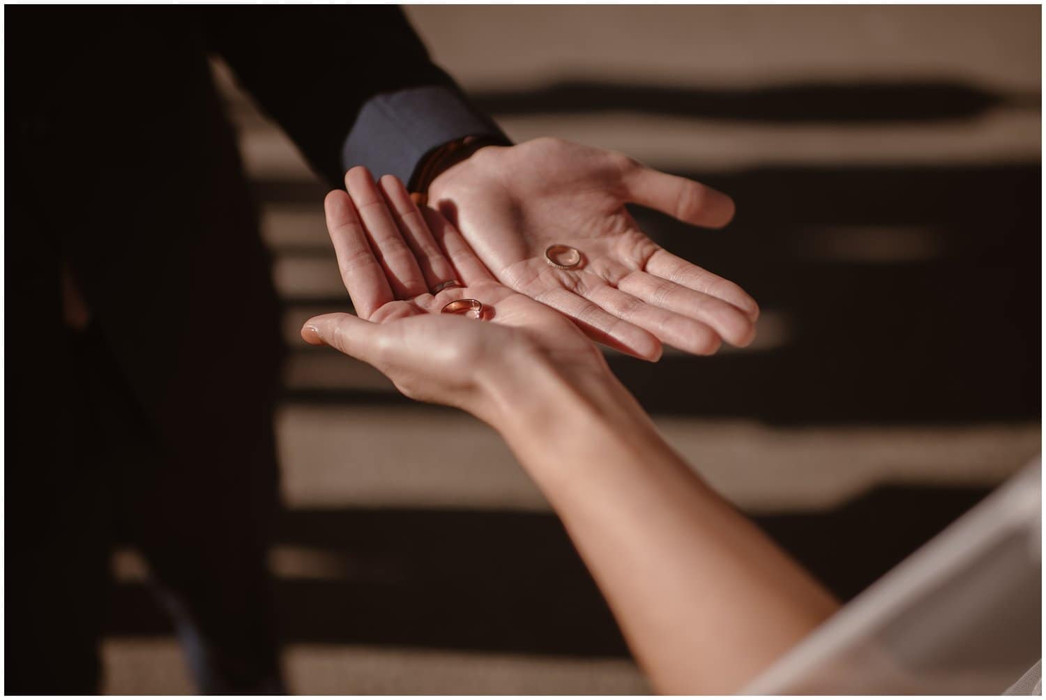 Close-up of groom and bride holding their wedding rings in the palms of their hands.