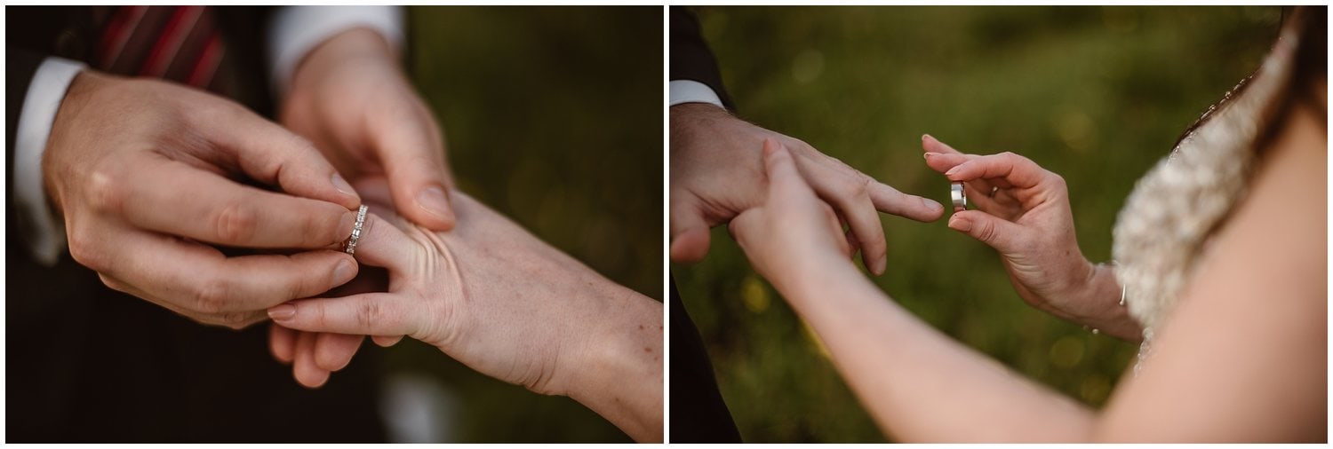 Bride and groom place rings on each others fingers during ceremony. 