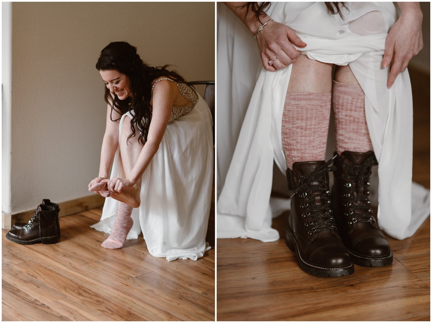 Bride puts on shoes in Airbnb. 