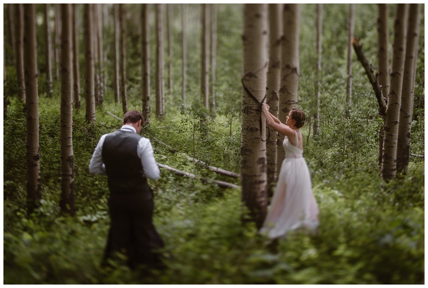 Bride and groom set up a hammock in an aspen forest near the Maroon Bells, in Colorado. 