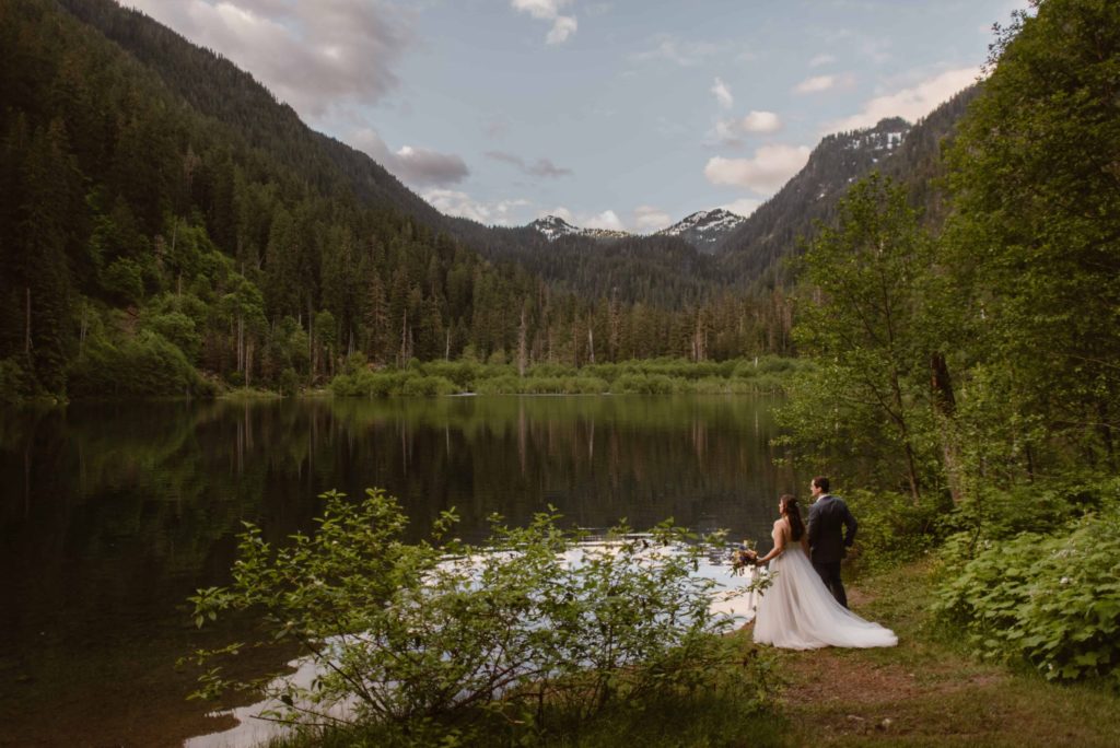 Bride and groom look out at lake, forest, and mountains in Washington State Forest. 