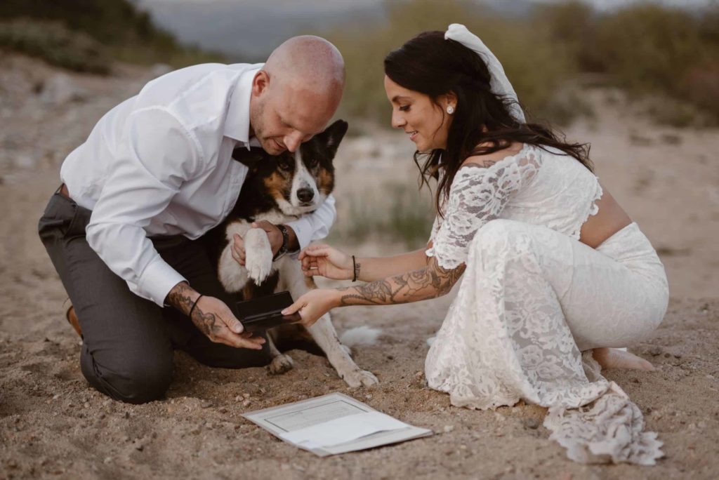 Bride and groom help their dog stamp it's paw on their marriage license. 