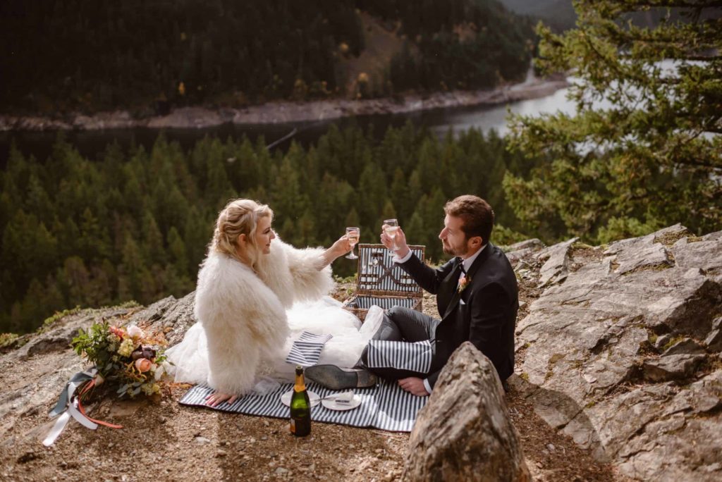 Bride and groom toast their drinks while having a picnic. 