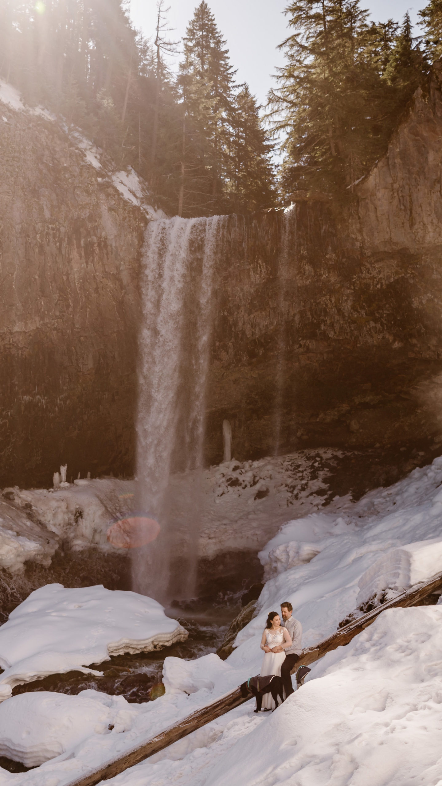 Kim and Owen elope in Tumalo falls during their winter in Oregon